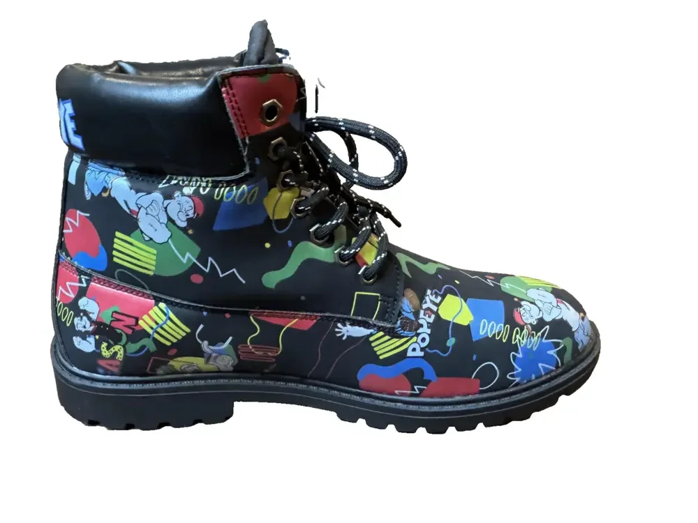Reason Brand Boots Mens Size 11 Black Popeye Graphic Lug Sole Lace Up Ankle
